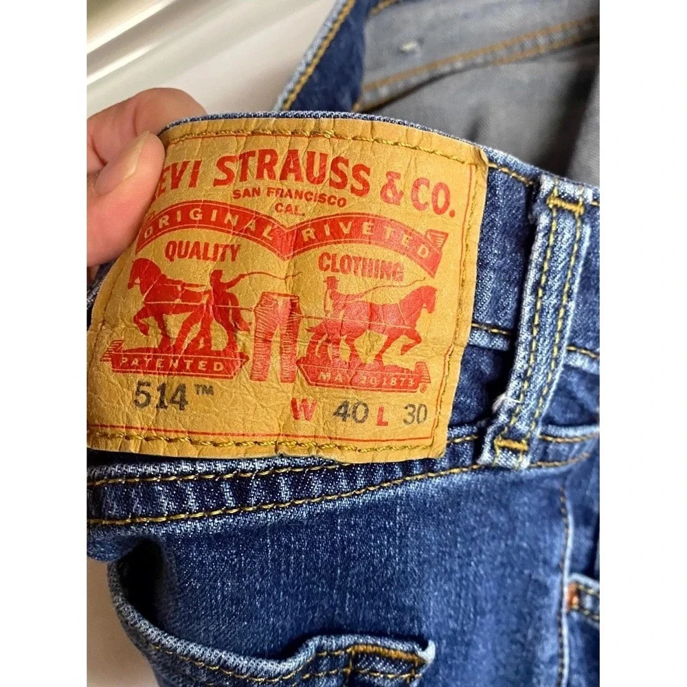 Levi's 514 Jeans Mens 40x30 Blue Denim Stretch Dark Wash Whiskered Straight Leg